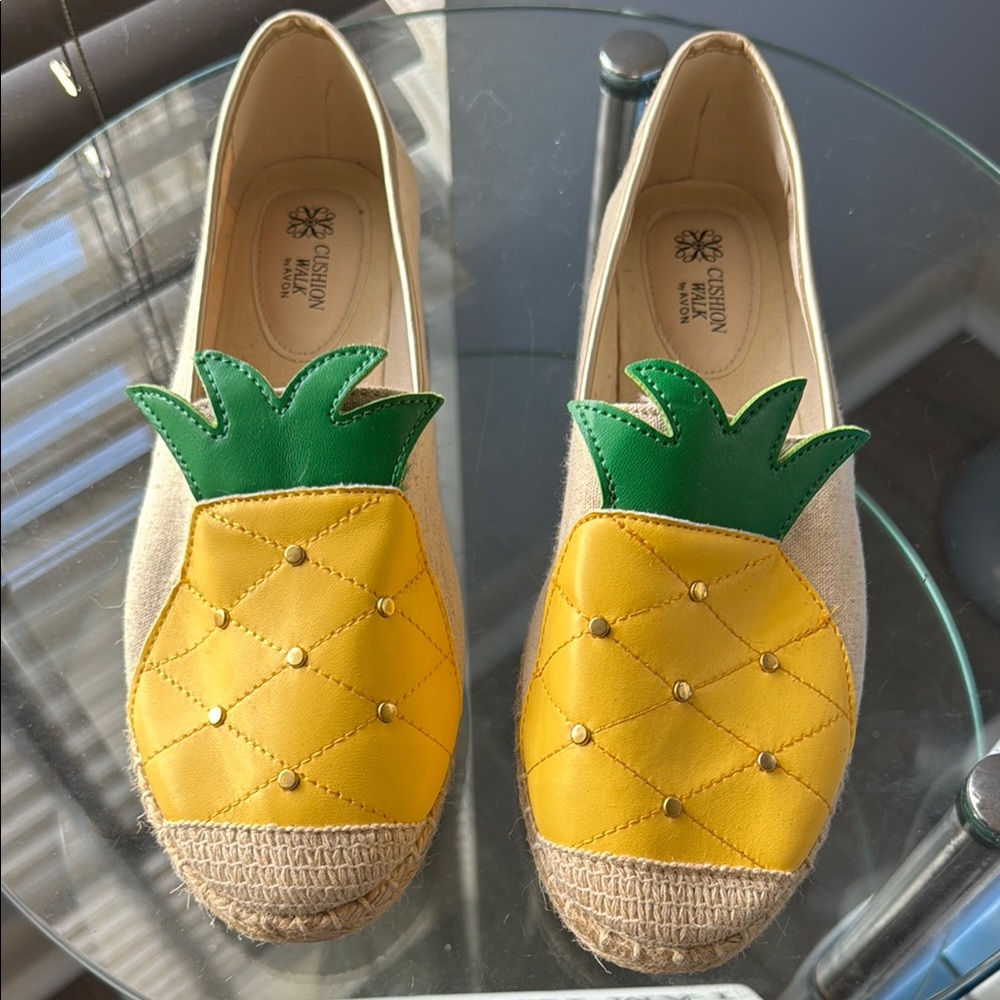 C.  Avon Cushion Walk Yellow and Green Espadrille Pineapple Shoes